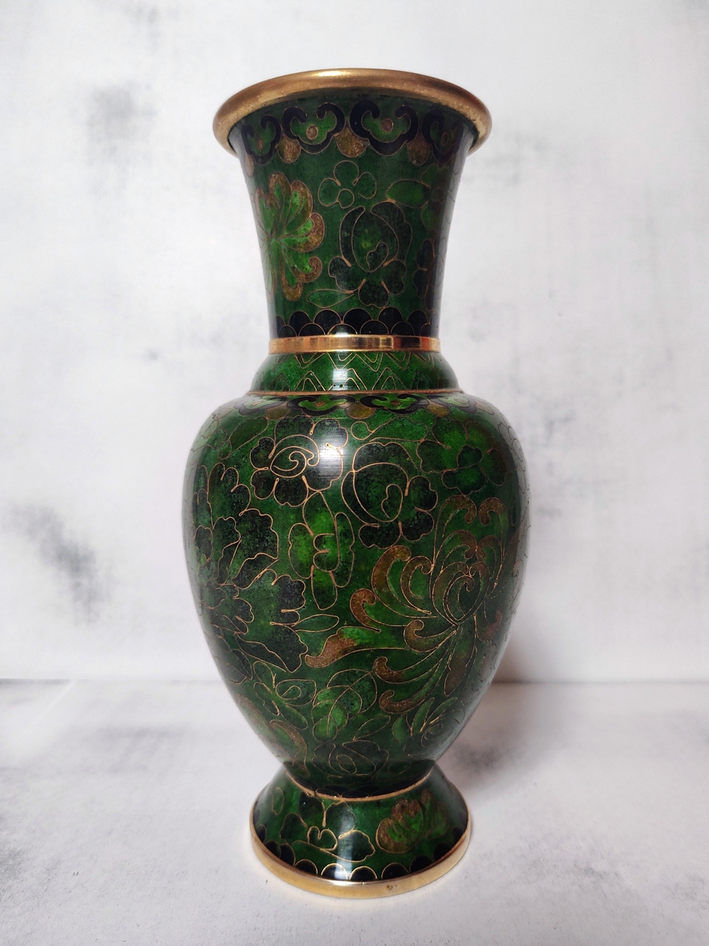 VTG  1960's Chinese Cloisonné Vase Emerald lotus Floral Design 7.5" w/markings